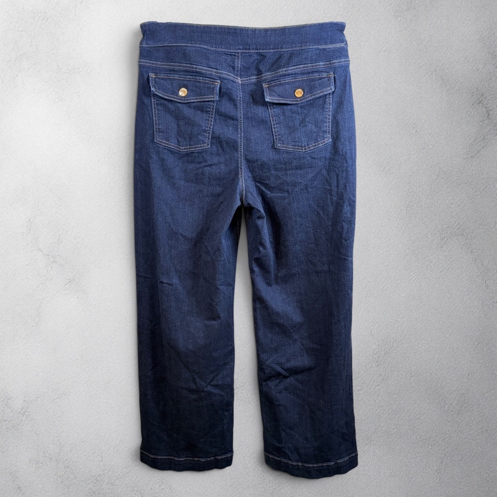 Chico's Dark Indigo Flare Wide Leg Jeans with Button Detail - Picture 5 of 12